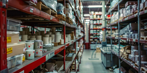 A warehouse interior with shelves filled with various products, showcasing the storage and organization of goods for commercial purposes.