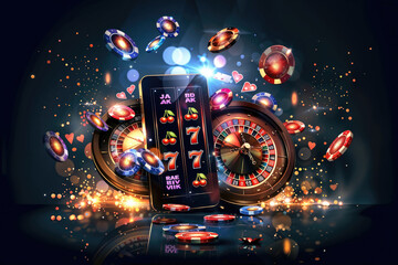 Online casino smartphone app showing roulette wheel and slot machine with falling chips
