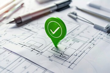 Fototapeta premium Approved Blueprint. A blueprint for a construction project with a green tick icon.
