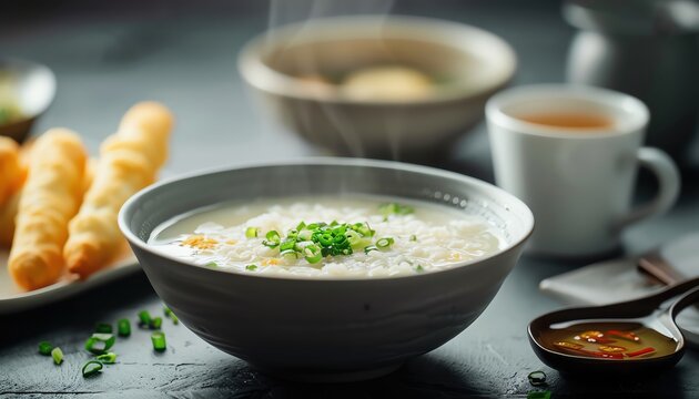 Steaming bowl of congee with scallions and side of fried dough.