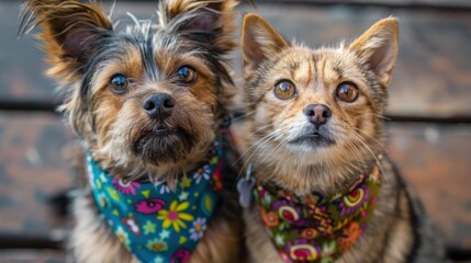 Furry Friends in Style - Cat and Dog Posing Together with Matching Bandanas