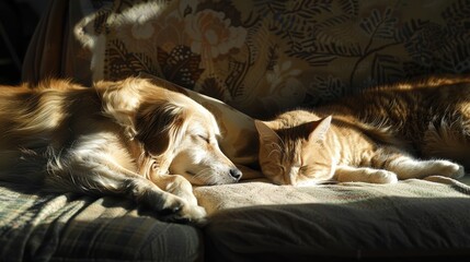 Obraz premium Harmony in the Sun: Cat and Dog Relaxing in a Ray of Light