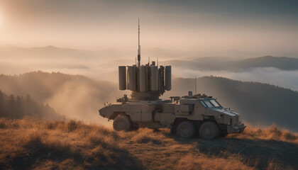 An air defense system positioned on a mountain ridge during sunrise, with mist rising from the valle
