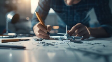 Obraz premium A man designs a small airplane model on a blueprint, showcasing creativity and engineering.