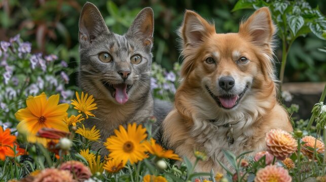 Feline and Canine Harmony: Cat and Dog Posing Artfully in a Serene Flower Garden Setting