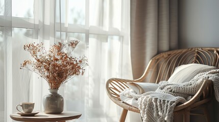 A minimalist interior with neutral tones, featuring a cozy reading nook with a soft blanket and a cup of tea, evoking a sense of calm and relaxation.