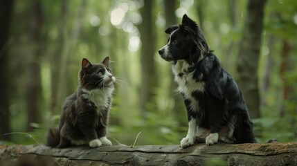 Serene Friendship: Cat and Dog Sitting Together on a Log in the Enchanting Forest Setting