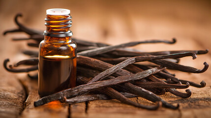 A bottle of vanilla essential oil is placed on a warm-toned surface, surrounded by aromatic vanilla...