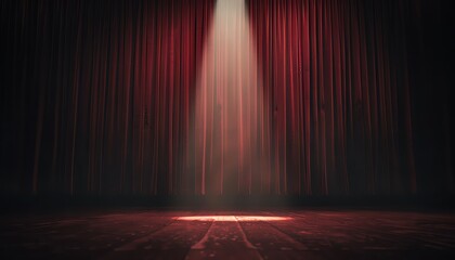 Red velvet stage curtains with spotlight shining on empty stage.