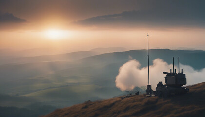 Fototapeta premium An air defense system positioned on a mountain ridge during sunrise, with mist rising from the valle 