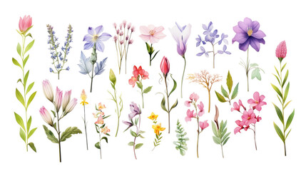 Set of watercolor wildflowers painting isolated on clear png background and transparent background. Fresh and nature concept for nature decorative and flower element, AI generative.
