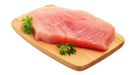 Raw fish steak on white isolated on clear png background and transparent background. food drink and dessert concept for cafe and restaurent, AI generative. 