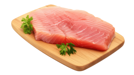 Raw fish steak on white isolated on clear png background and transparent background. food drink and dessert concept for cafe and restaurent, AI generative. 