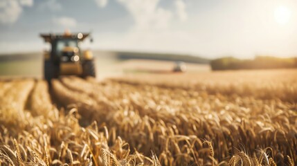Obraz premium Golden wheat field with tractor in the background during harvest.