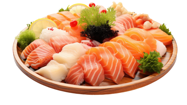Fresh raw sashimi on white isolated on clear png background and transparent background. Vegetable and food concept for health, AI generative.