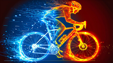 Fototapeta premium Professional cyclist riding bike leaving fire trail at night
