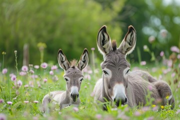 Fototapeta premium Baby Donkey. Cute baby donkey and mother on floral meadow