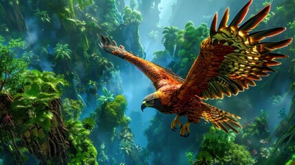 Beautiful eagle soaring over lush, vibrant rainforest scenery with misty, towering trees and abundant foliage.