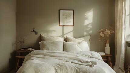 A tranquil, minimalist bedroom with a muted color scheme, featuring a neatly made bed with crisp white linens and a single piece of artwork on the wall.
