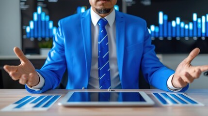 Businessman in blue suit seated at desk, presenting tablet and data sheets, with stock market graphs in the background.