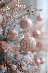 Obraz premium Close-up of pastel and glittery ornaments on a frosted Christmas tree.