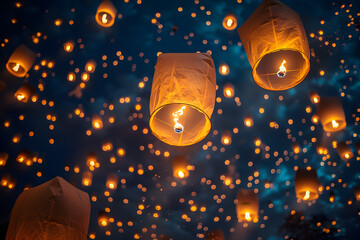 Obraz premium Yi Peng Festival, Thailand. It is also known as the Lantern Festival, as thousands of lighted balloons are released into the night sky, usually accompanied by prayers, wishes and other written message