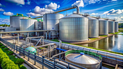 Modern waste management facility with large metal tanks and pipes, conveying a sense of eco-friendliness, sustainability, and responsible waste treatment and water recycling.