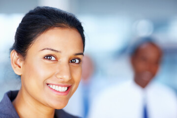 Fototapeta premium Office, happy and portrait of business woman with smile for career, work and job for legal company. Corporate lawyer, professional and face of person in law firm for consulting, advisor and pride
