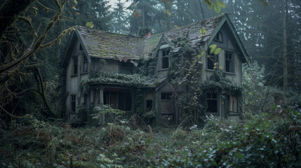 A creepy abandoned house in a forest with overgrown vegetation and a spooky vibe.