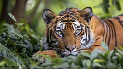 Fototapeta premium Resting Sumatran tiger in foliage