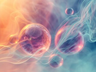 Surreal 3D abstract background with floating, glowing orbs and soft, swirling mist