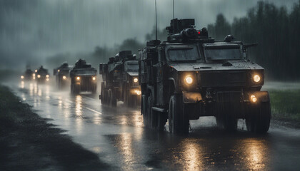 An armored convoy on a rain-soaked road, with puddles splashing and dark, heavy clouds overhead
