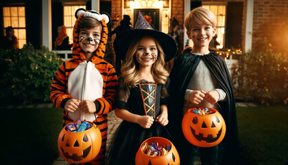 Fototapeta premium Joyful children in various Halloween costumes trick-or-treat, holding pumpkin buckets filled with candy, in a festive and spirited neighborhood setting.