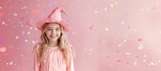 Beautiful smiling girl with blonde hair in a pastel pink costume and witch hat for halloween carnival, on a smooth light pink background with blurred confetti around 