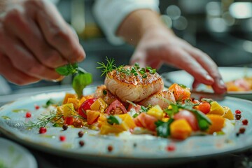a plate of food with a person reaching for a piece of fish