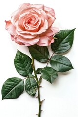 Naklejka premium Single pink rose with green leaves on a white background