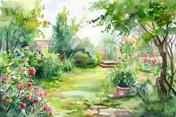 A watercolor painting of a vibrant backyard garden with blooming flowers and a stone path. Children's Book Illustration