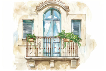 A hand-drawn illustration of a balcony with potted plants, blue shutters, and a large arched window. Children's Book Illustration