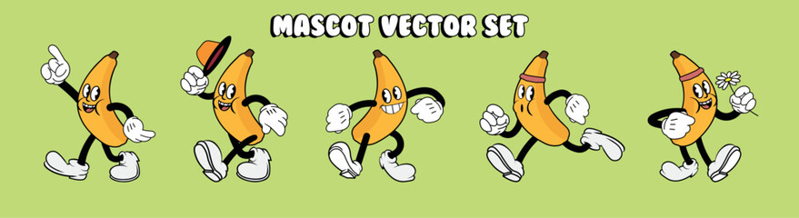 Vintage cartoon banana mascot set in different poses, retro logo design template, comic character, vector illustration