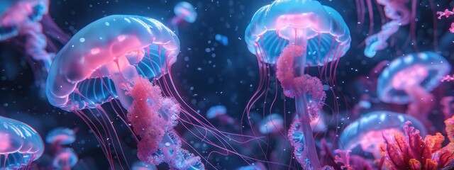 Undersea world. Neon jellyfish hover in the vastness of the ocean.