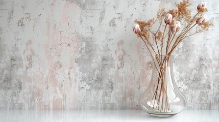 Contemporary glass vase with dried tulips on white table against textured wall Scandinavian decor accents