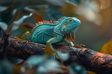 Fototapeta premium A detailed photograph capturing a bright green iguana sunbathing on a tree branch in its native environment