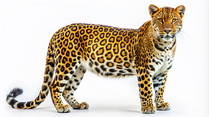 Fototapeta premium Vibrant leopard with distinctive spots and golden fur stands upright on a pure white background, showcasing its majestic beauty and powerful physique.