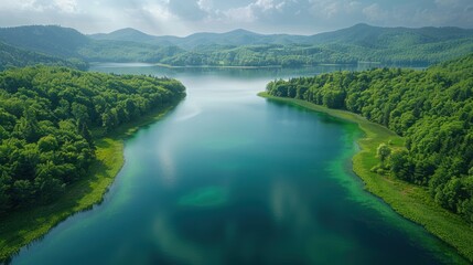 Obraz premium Aerial View of a Serene Lake Surrounded by Lush Green Foliage
