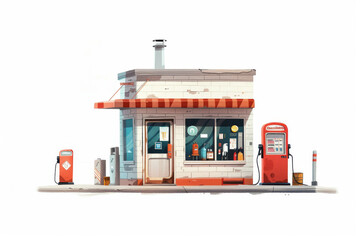 Obraz premium A whimsical illustration of a classic gas station with a red awning and pumps. Children's Book Illustration