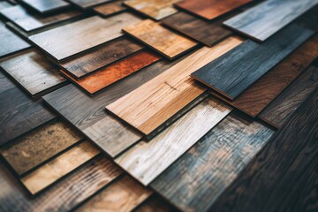 Collection of square vinyl tiles and wood laminate flooring samples.