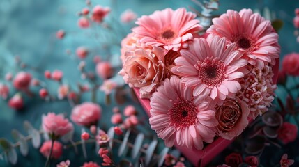 Pink Flowers in Heart-Shaped Box