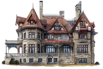 Fototapeta premium Illustration of grand stone mansion with red roof and towers on white background. Children's Book Illustration