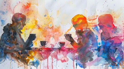 Watercolor painting of people drinking coffee together. Concept of socializing, friendship, cafe culture, abstract art