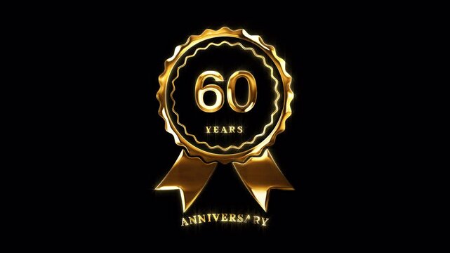 60th Anniversary Celebration. Golden 60 Years Anniversary Animation in Gold Color on the Transparent Background, Alpha Channel. Great for greetings, celebrations, events, and gifts.